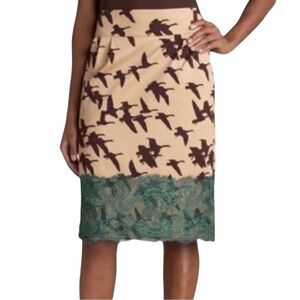 Leifsdottir for Anthropologie Bird Print Pencil Skirt Tan & Teal Lace Size 2